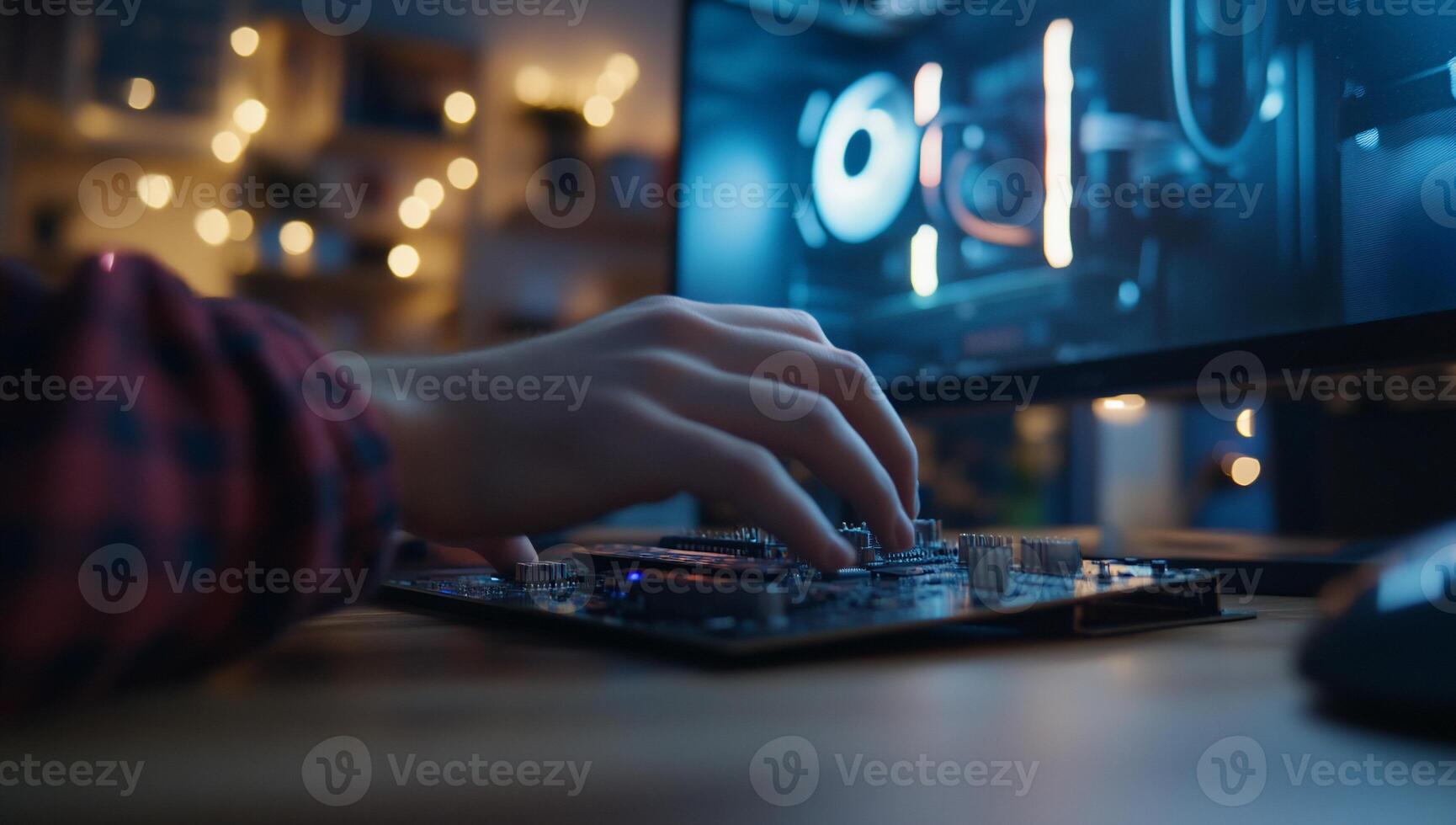 Gamer playing PC game, close-up view of circuit board photo