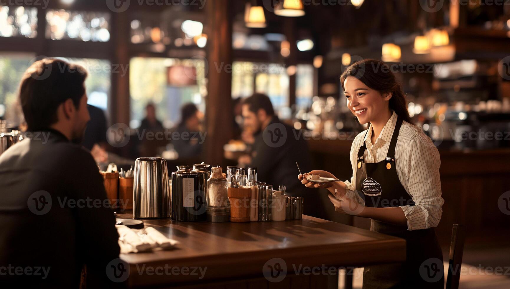 Cafe Service, Woman Serving Coffee, Happy Customer, Busy Cafe, Restaurant Scene, Friendly Interaction, Customer Satisfaction photo
