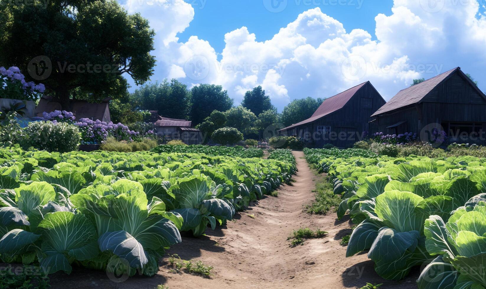 Rural farm scene with cabbage field under sunny sky. Possible use Stock photo