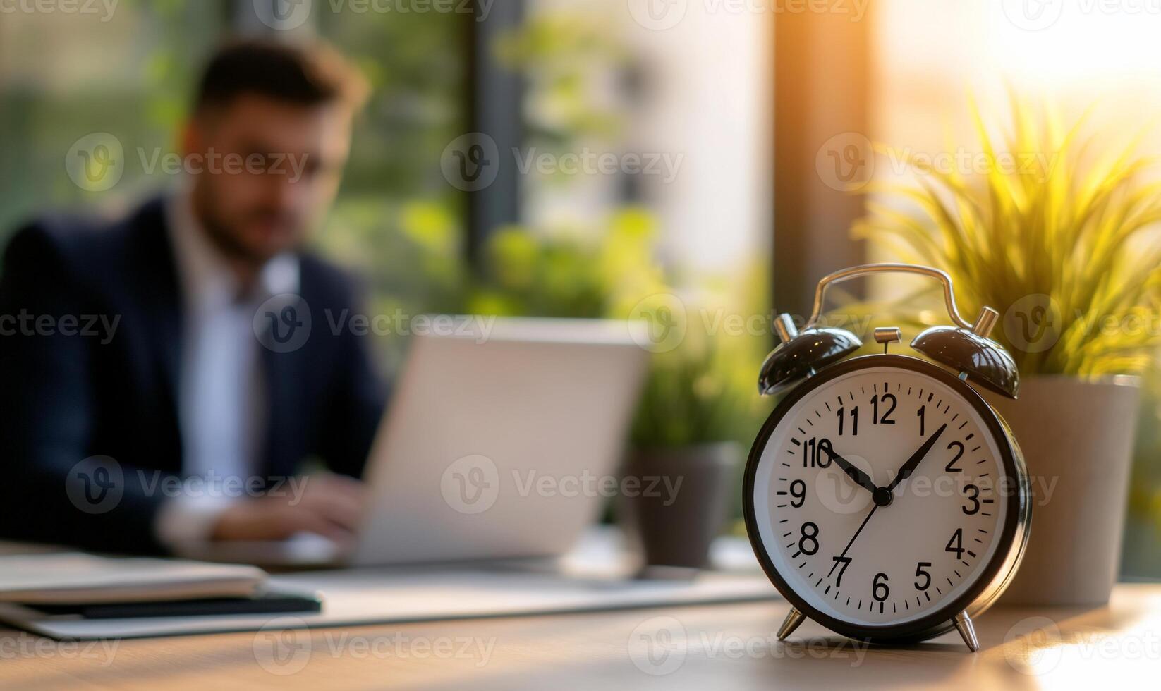 Businessman working at laptop, office clock, plant. Possible use Stock photo for productivity, work, time management