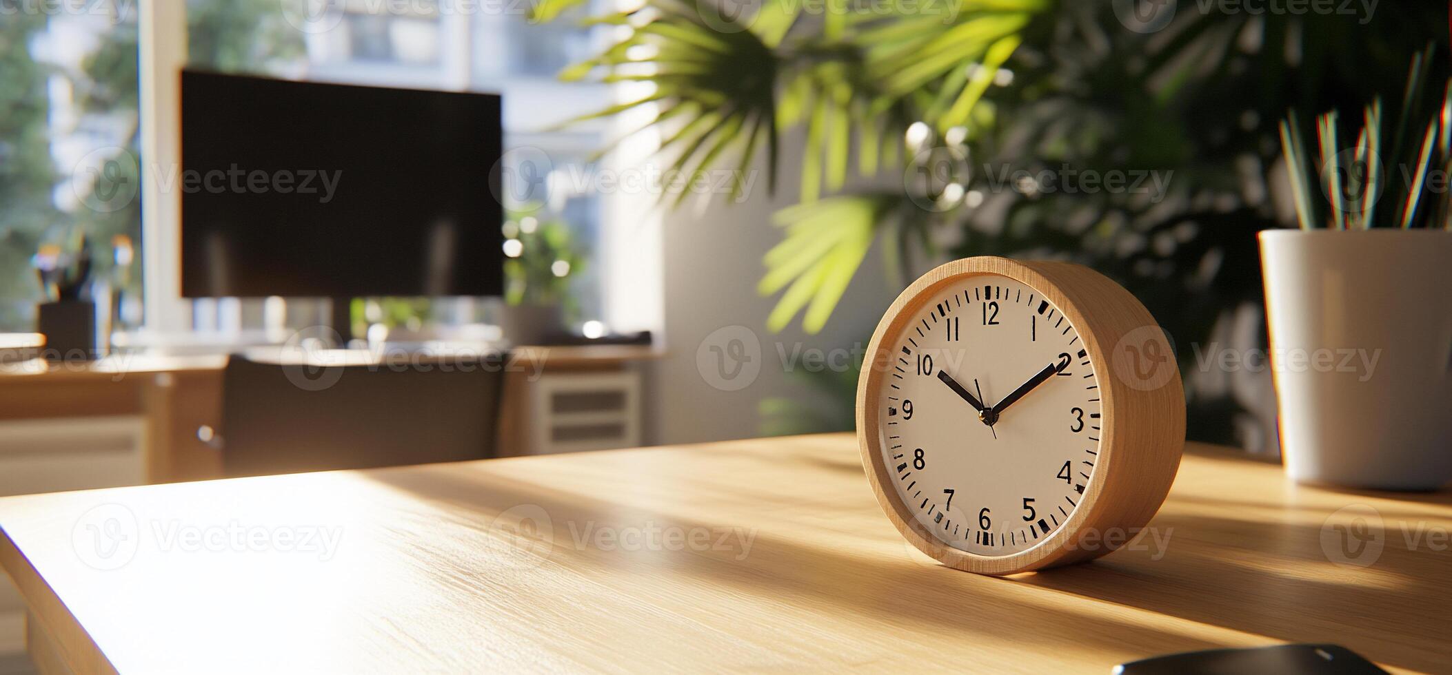 Wooden clock on desk, sunlit office, plants photo