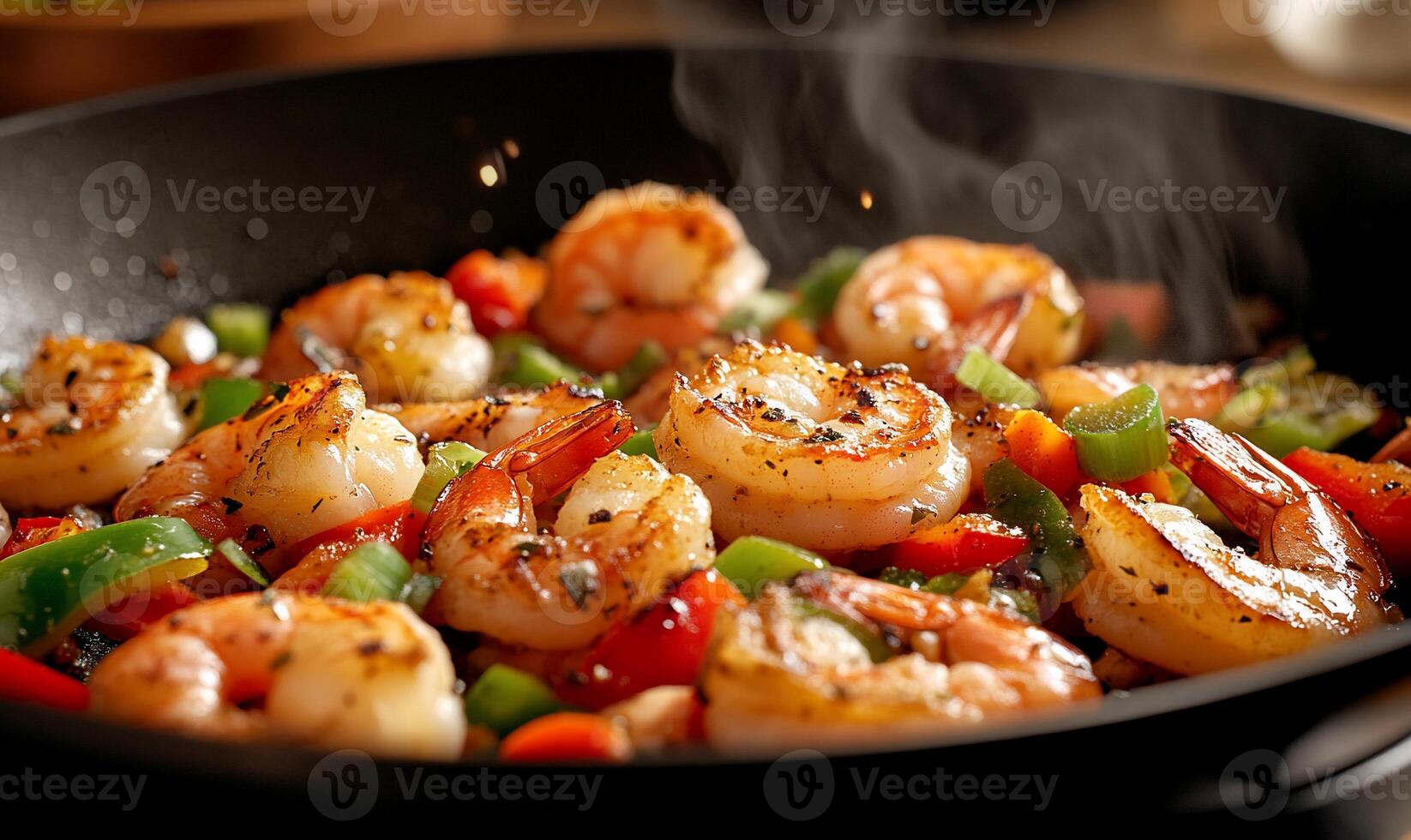 Sizzling shrimp stir-fry with peppers, cooking photo