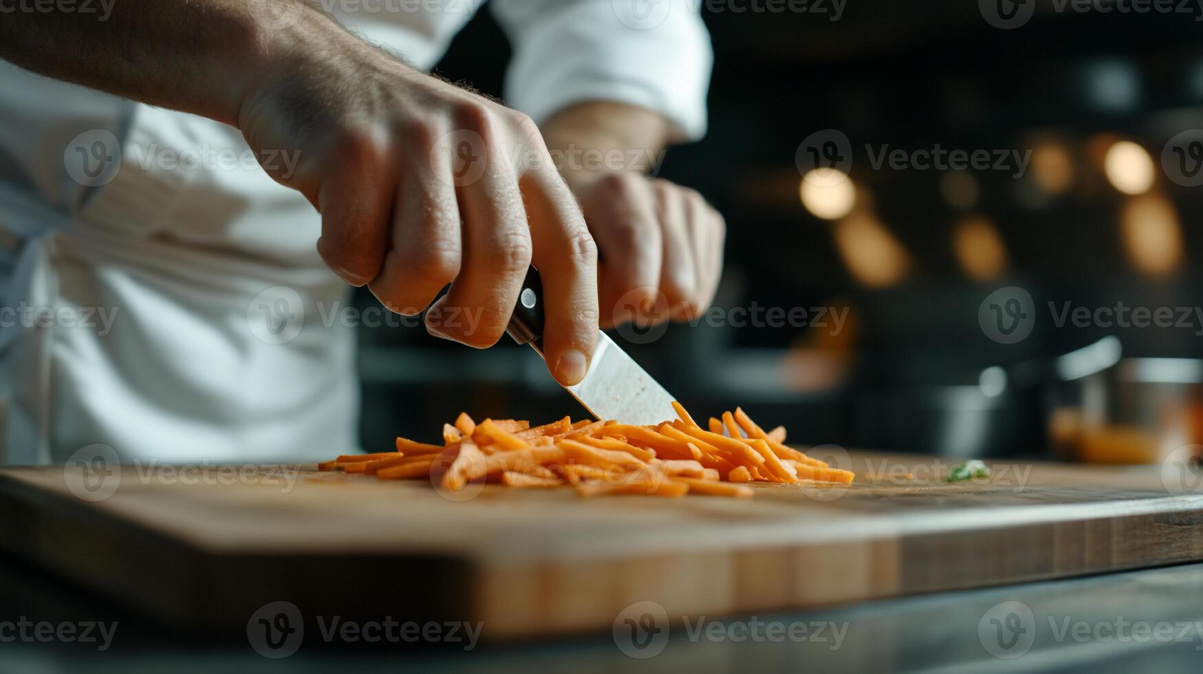 Chef chopping carrots on wooden board photo