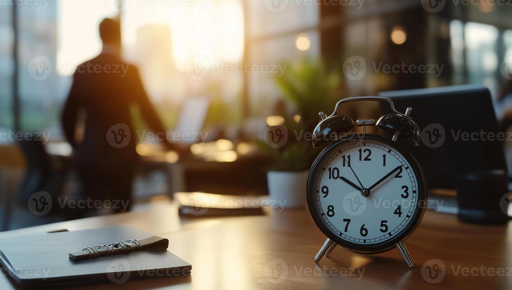 Businessman looking out office window, clock on desk, early morning photo
