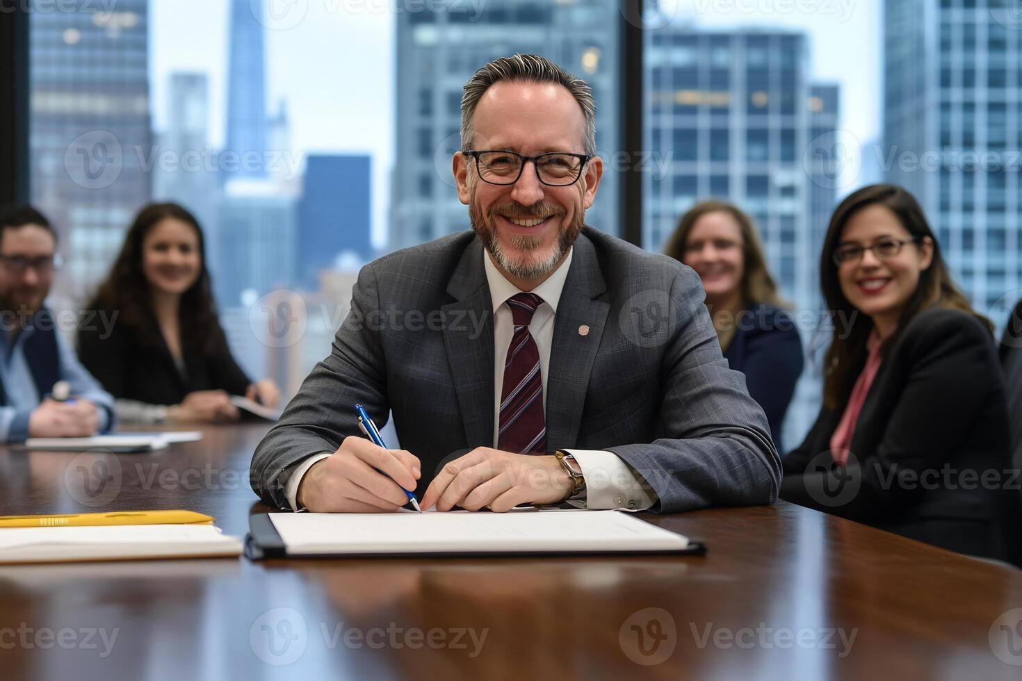 Business meeting, signing document, city background, professional photo