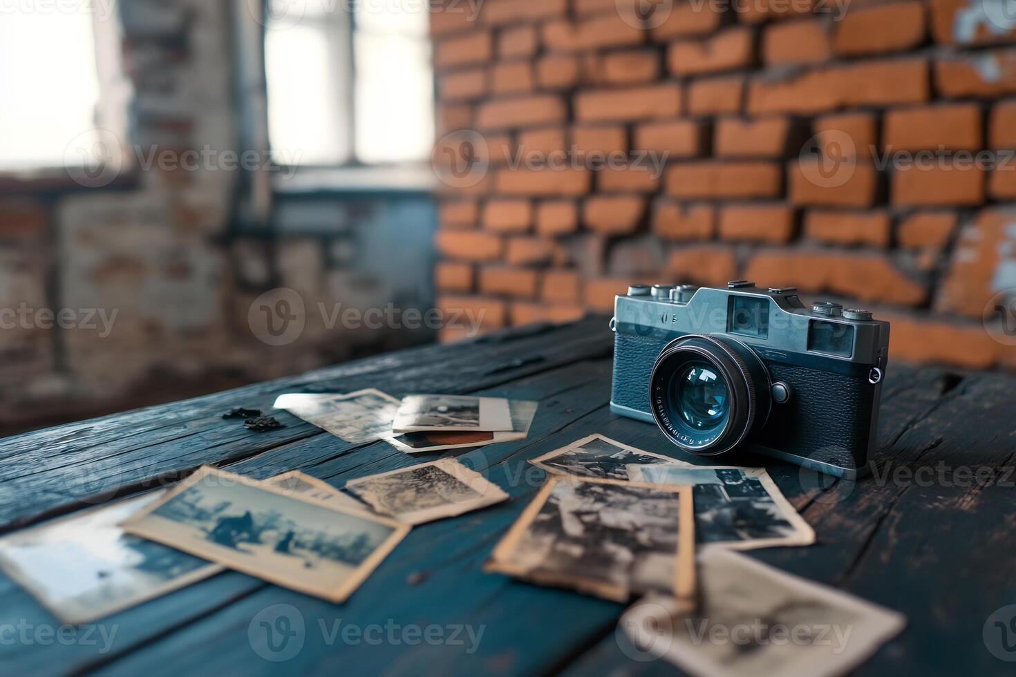 Old camera on table with vintage photos, brick wall background. Possible use Stock photo for vintage, retro, photography, or history themes