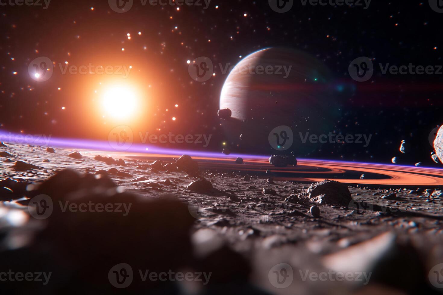Space planet asteroid field, sunrise, cosmic view, science fiction photo