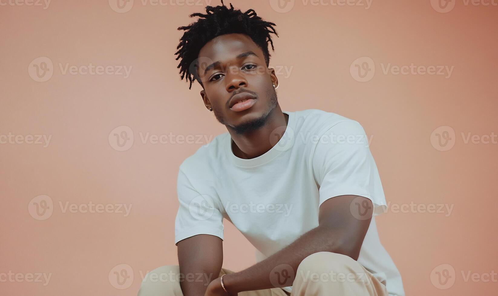 A man with dreadlocks sitting on a white chair photo