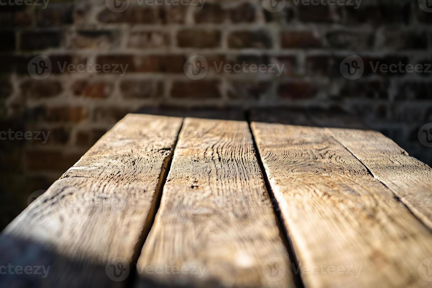 Rustic wooden table outdoors, brick wall background, empty, photography photo