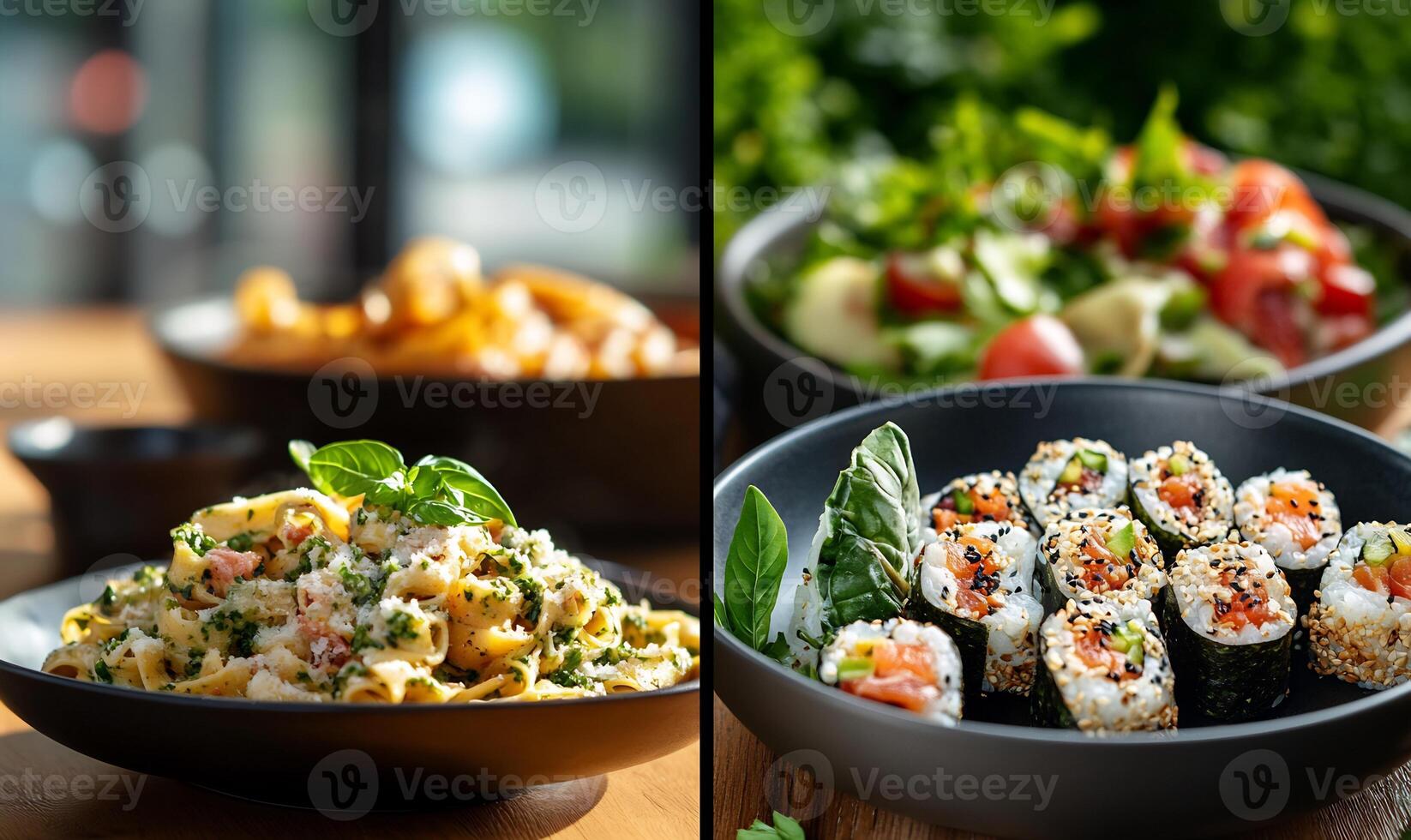 Two pictures of different types of food in bowls photo