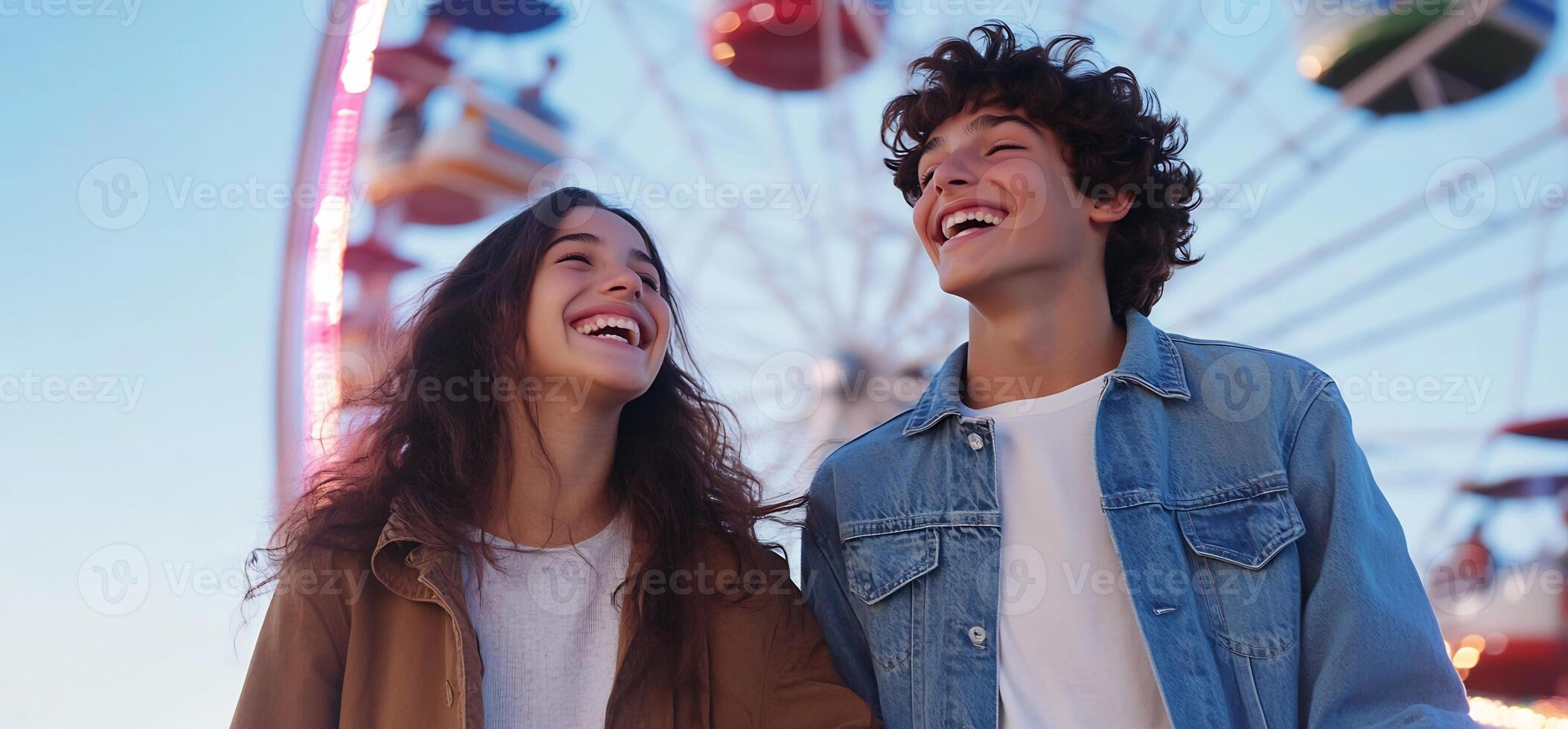 Happy young couple laughing at amusement park. photo