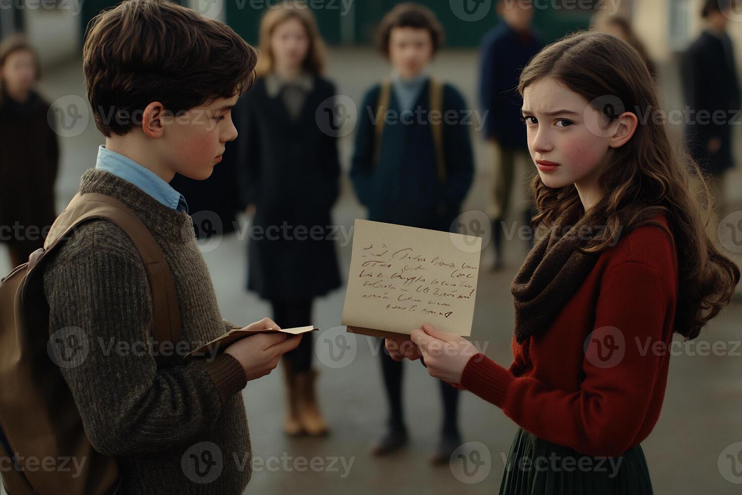 A young boy and girl are holding a piece of paper photo