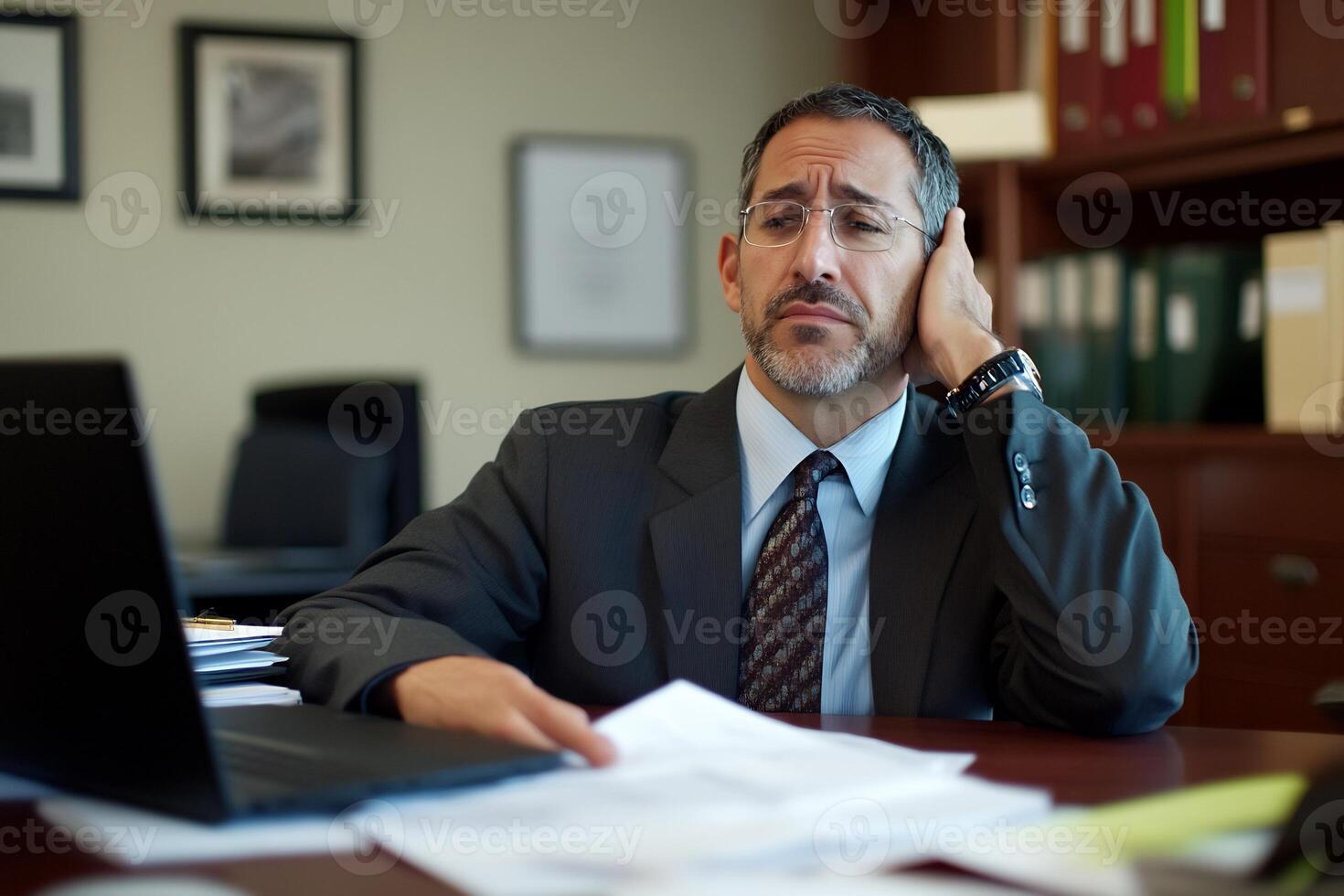 A man in a suit sitting at a desk with papers and a laptop photo