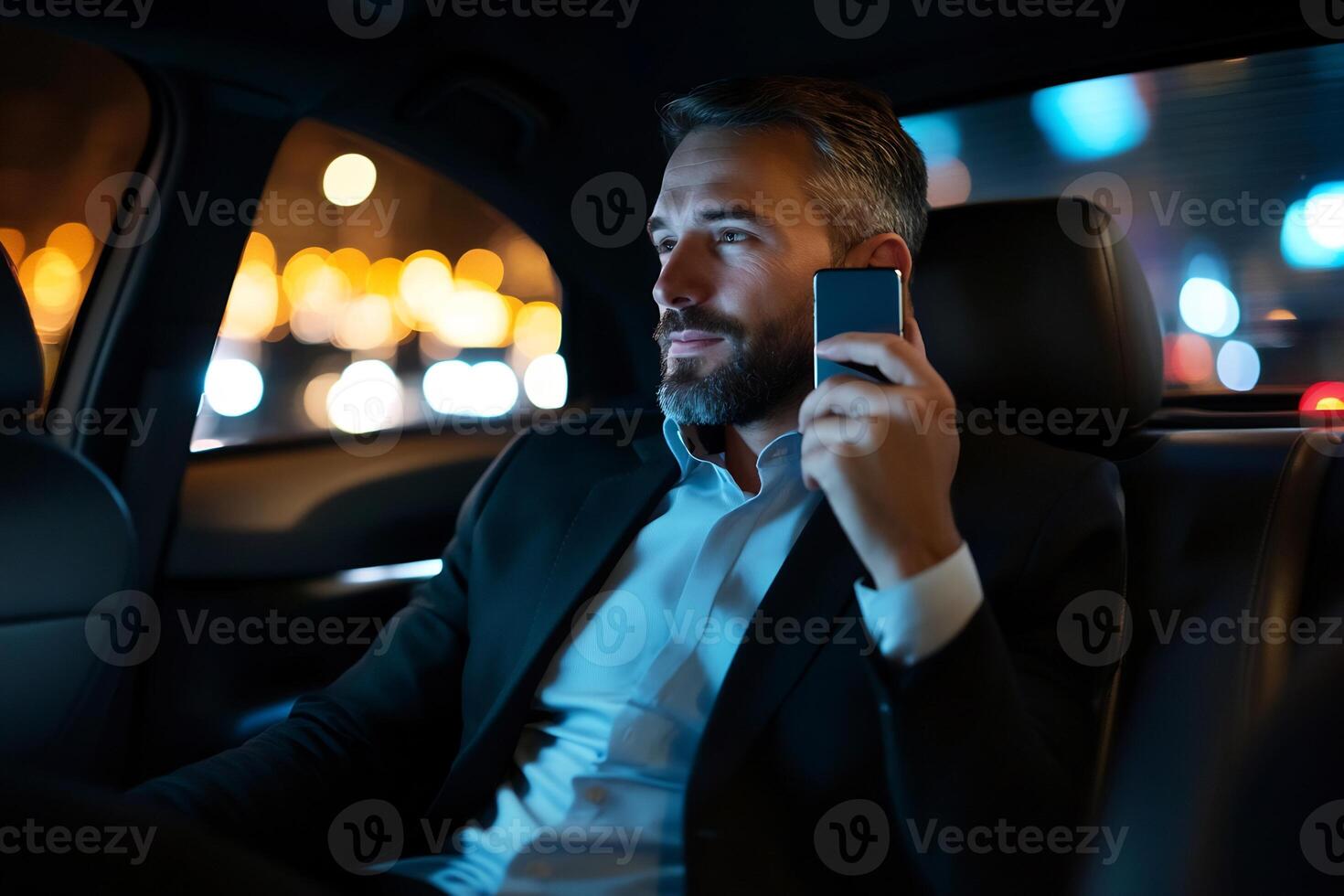 A man in a suit and tie sitting in the back seat of a car talking on his cell photo
