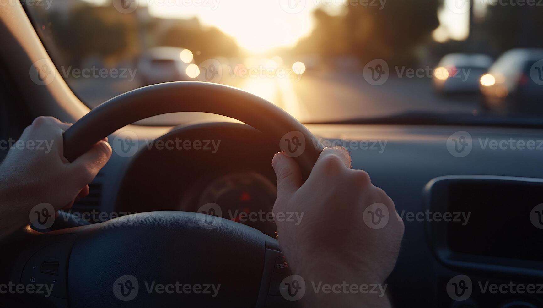Hands on steering wheel driving at sunset. photo