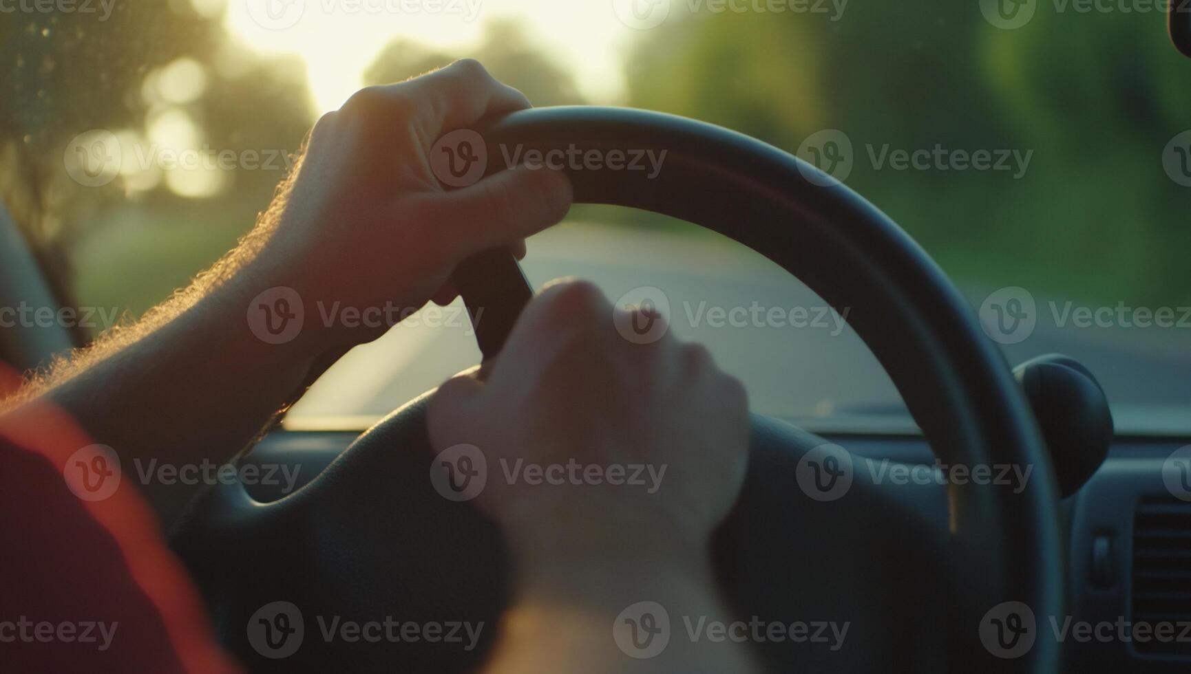 Hands gripping steering wheel while driving at sunset. photo