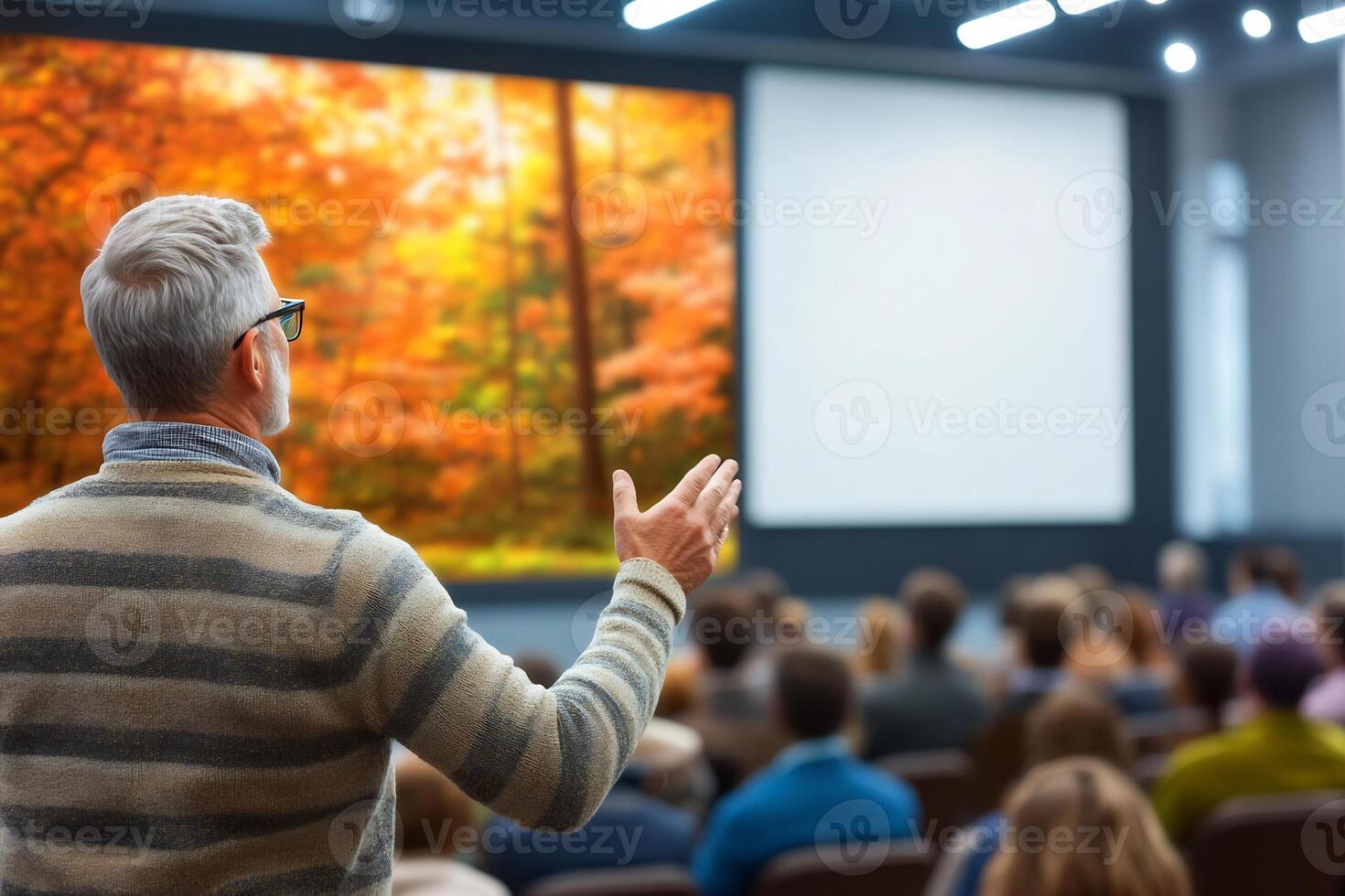 Speaker at conference, autumn scenery backdrop, presentation photo