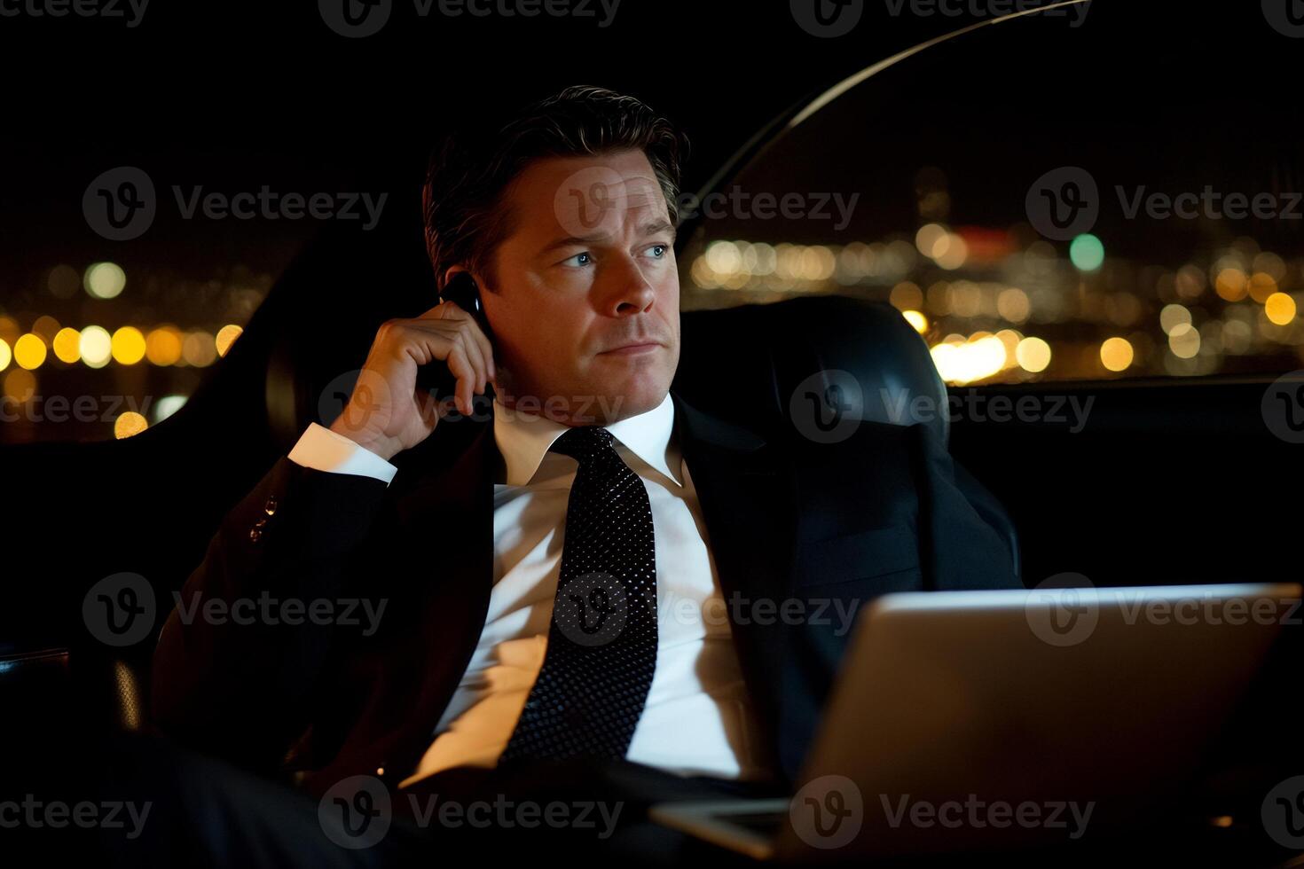 Businessman on phone in car at night. photo