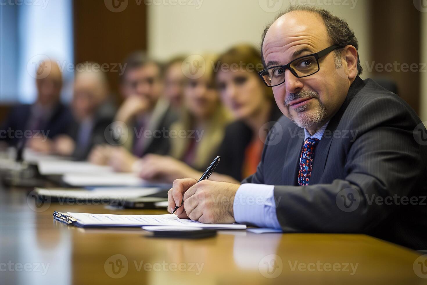 Businessman taking notes at a conference table with colleagues in the background. photo