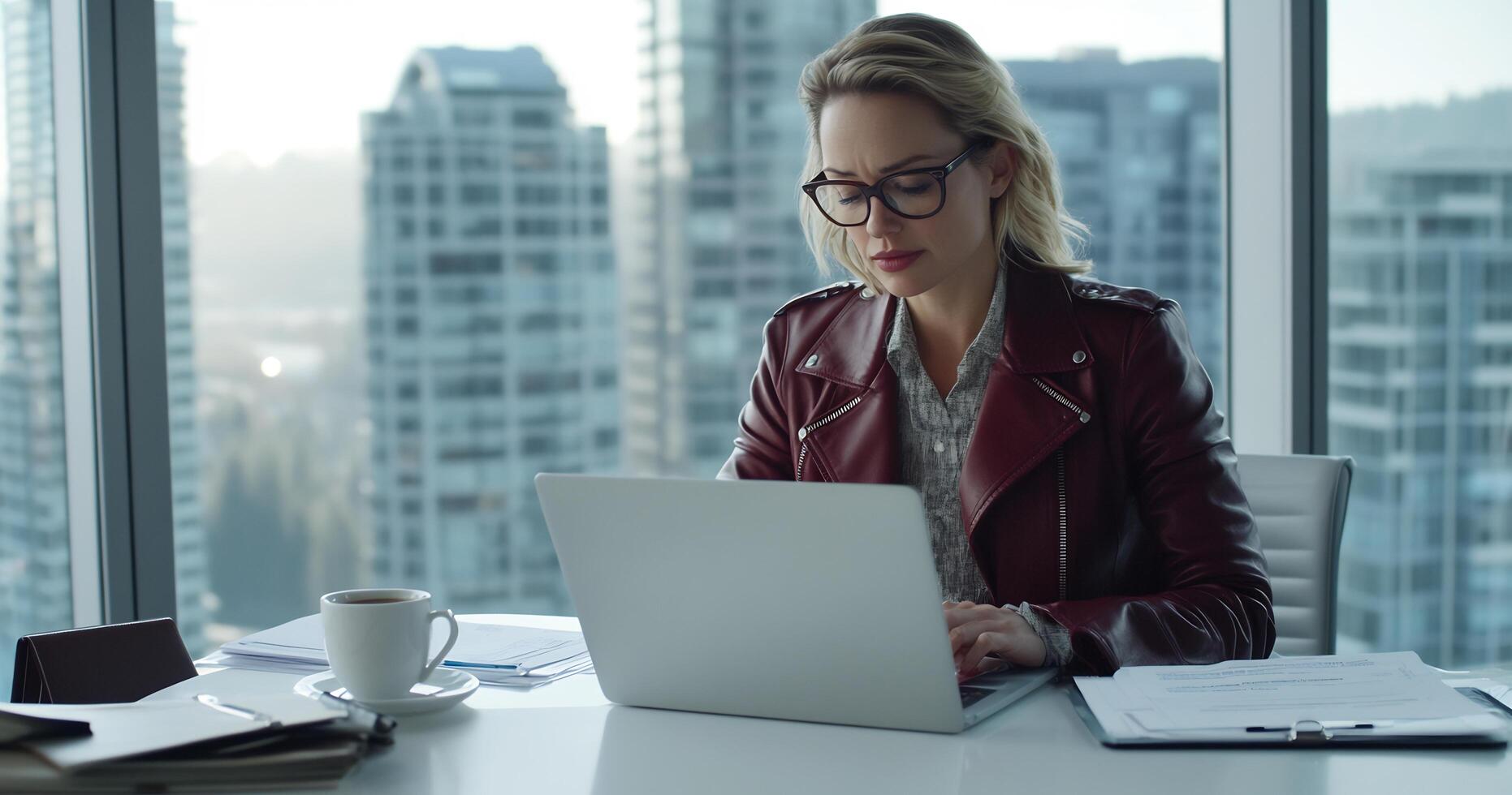 Businesswoman working on laptop in modern office. photo