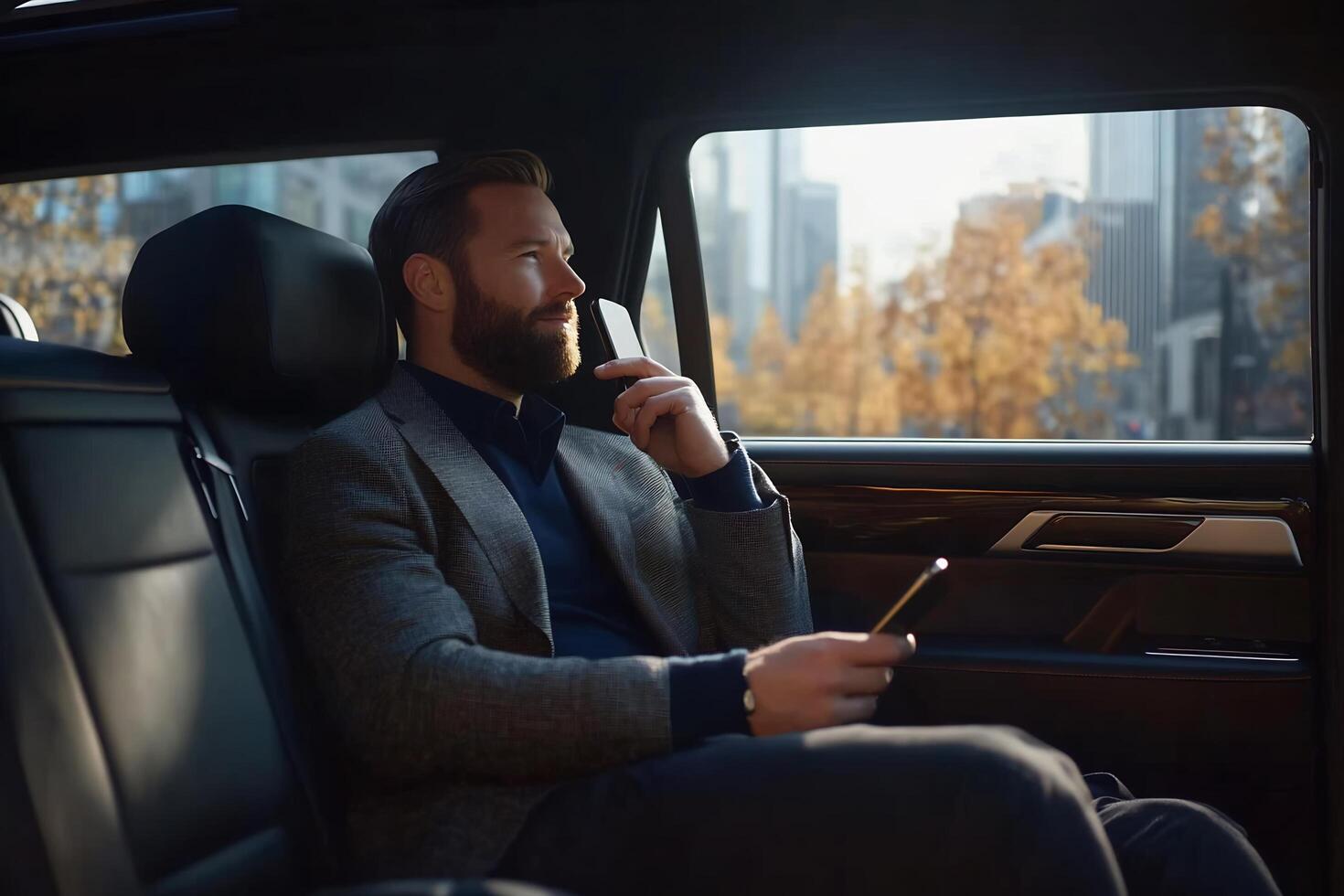 Smiling businessman in car, holding phone. photo