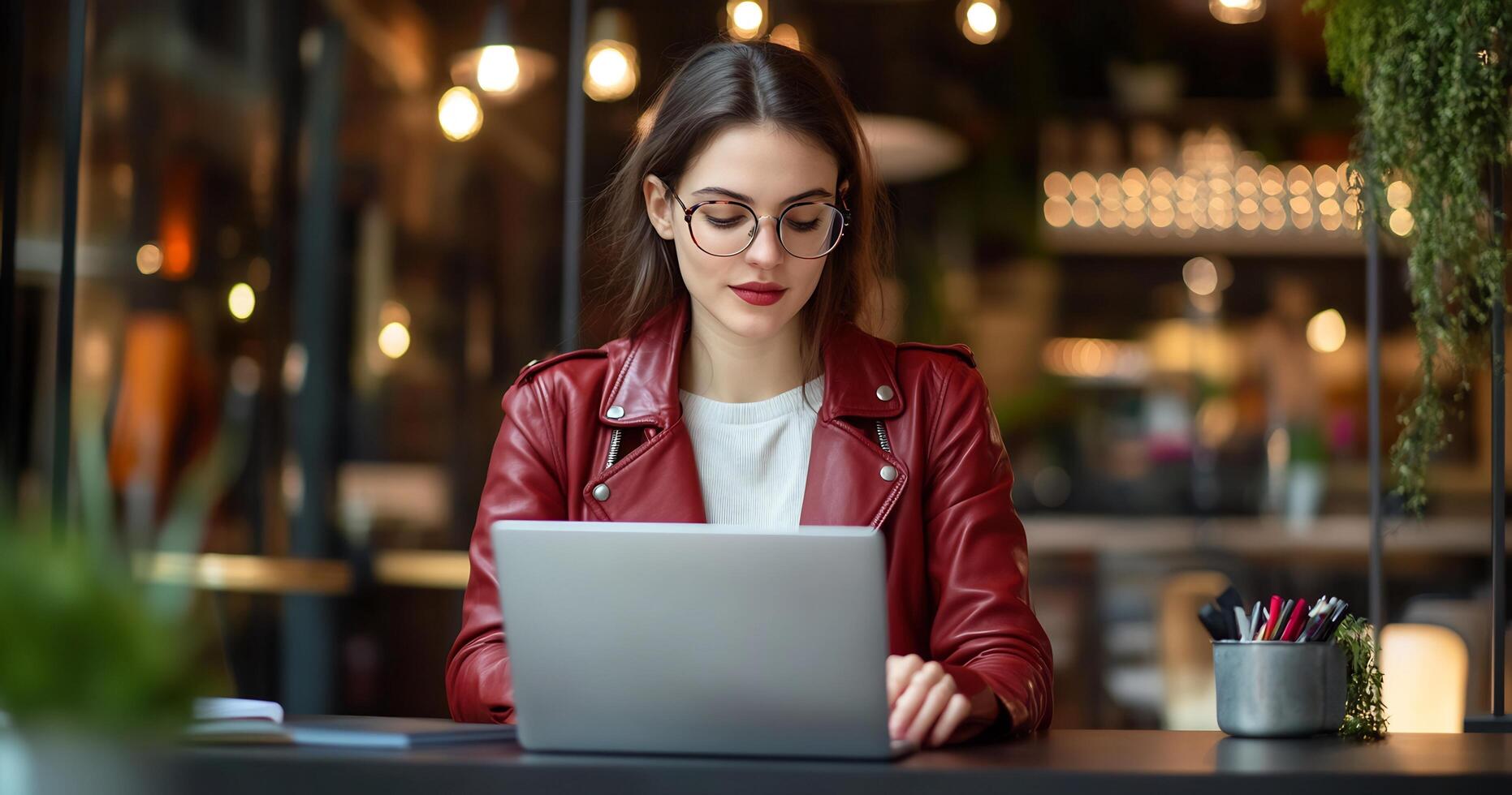 Woman using laptop in cafe. photo