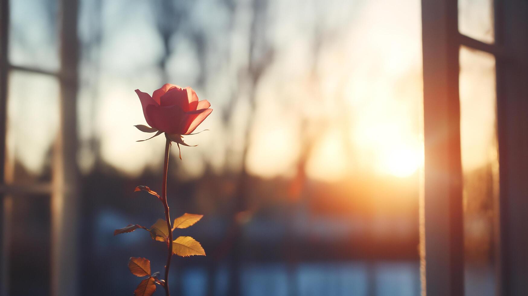 Single pink rose in sunset light, viewed through window. photo
