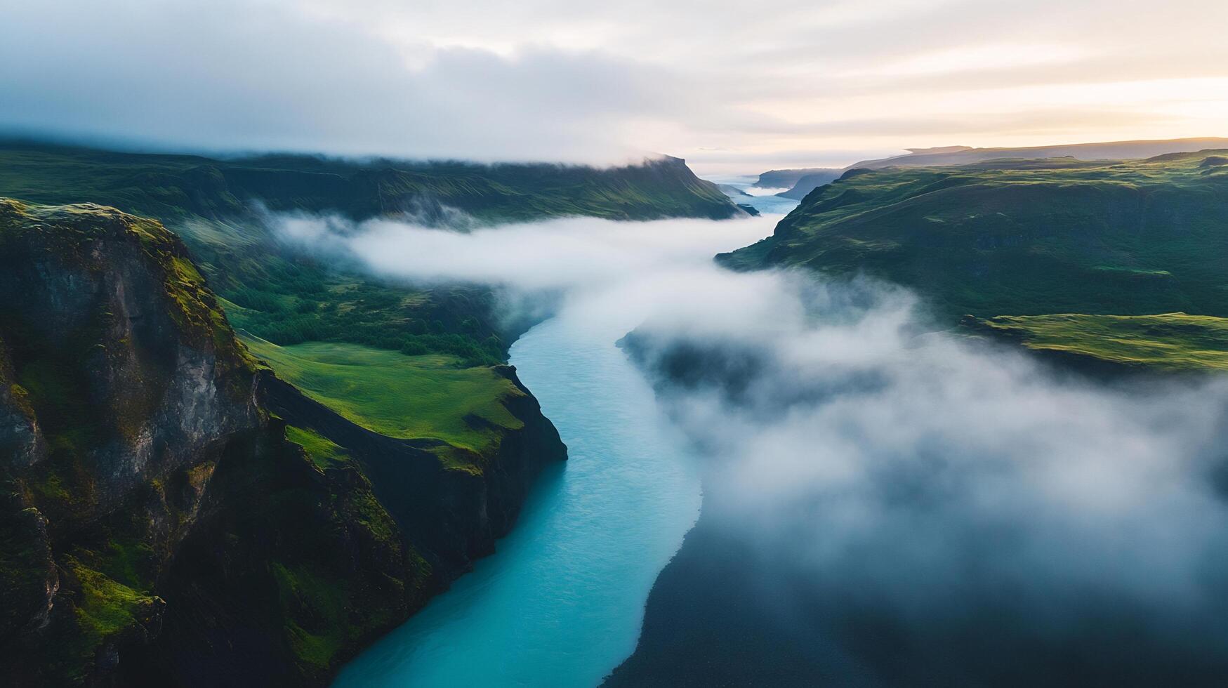 Misty river valley landscape at sunrise. photo