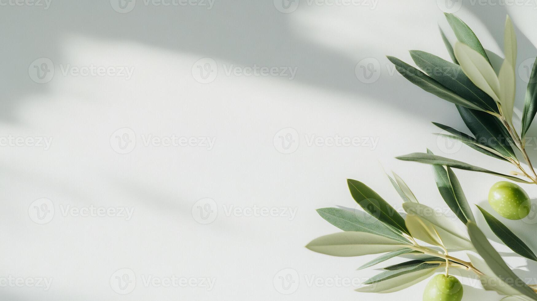 Fresh olive branches on a light background with shadows. photo