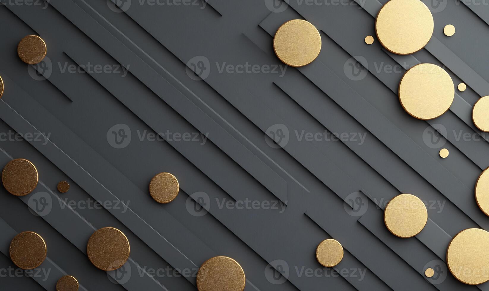 Abstract dark gray background with gold circles and diagonal lines. photo