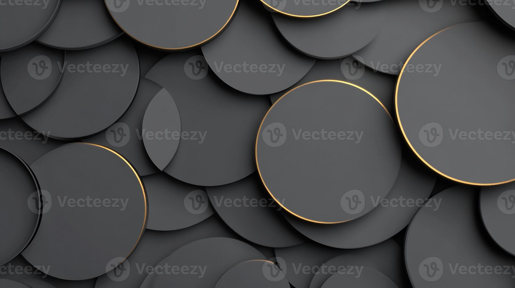 Abstract background of overlapping dark gray circles with gold rims. photo