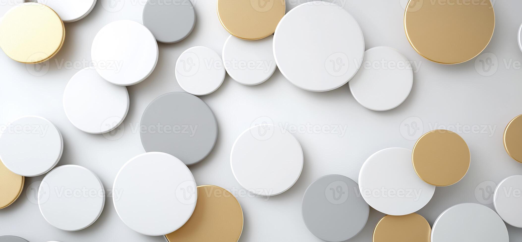 Abstract background with overlapping circles in gold, white, and gray. photo