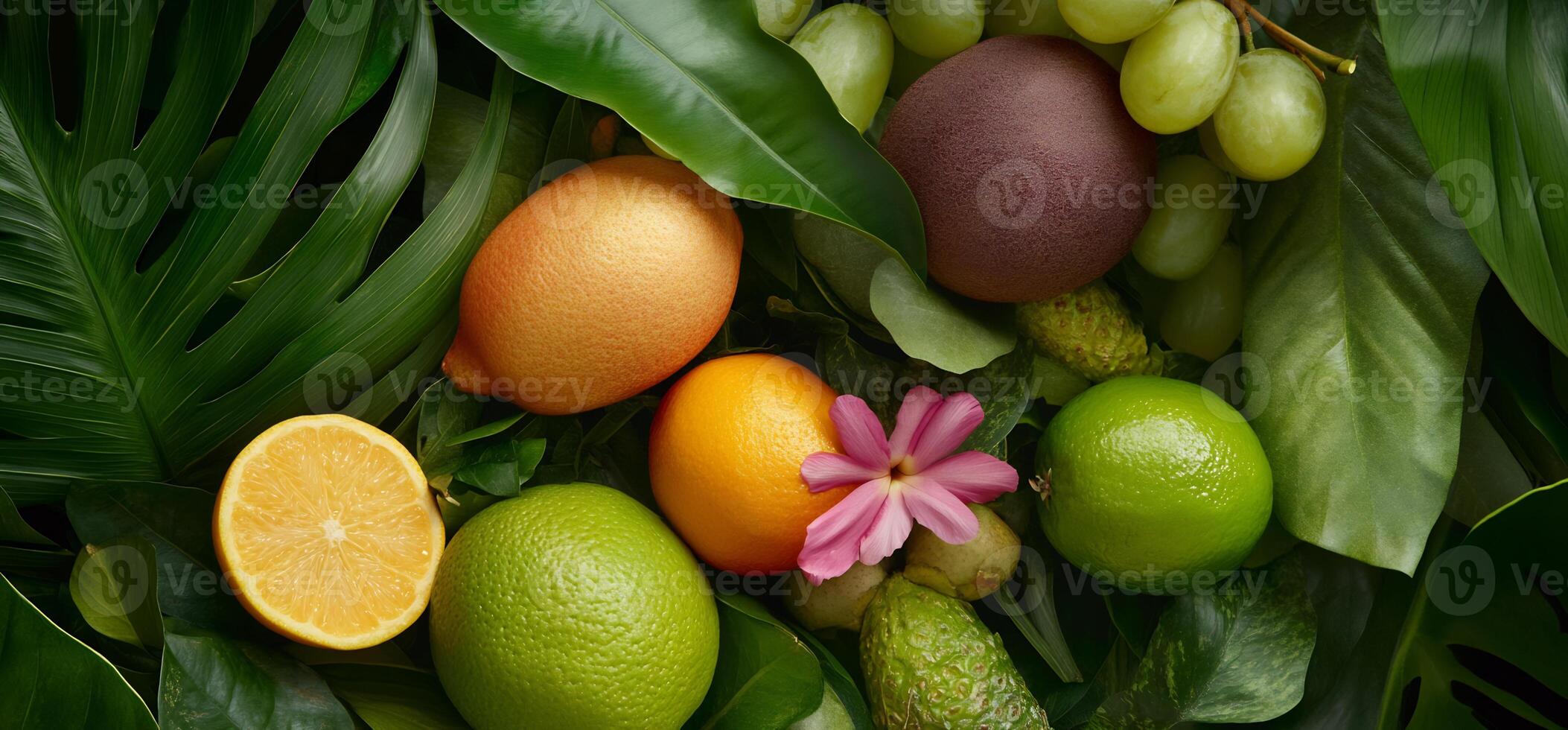 Tropical fruits and leaves background. photo