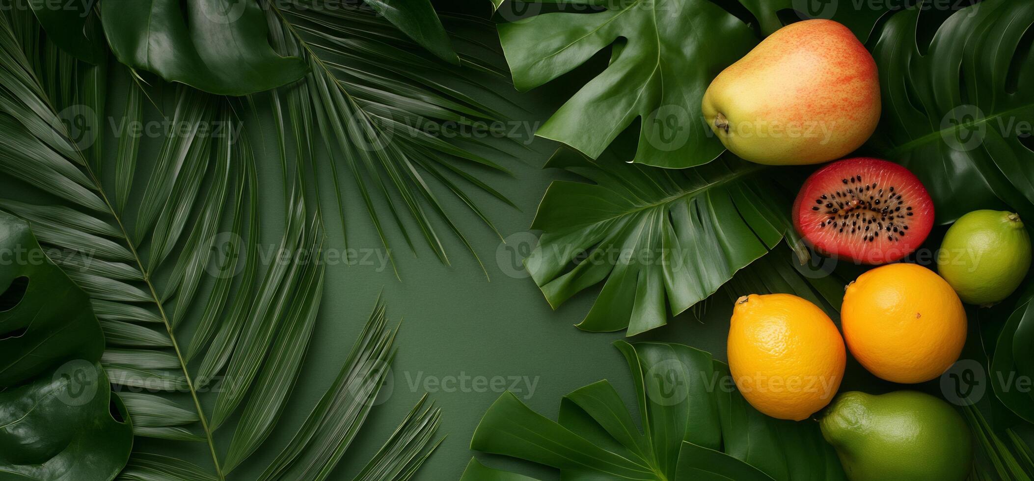 Tropical fruits and lush green leaves on a dark background. photo