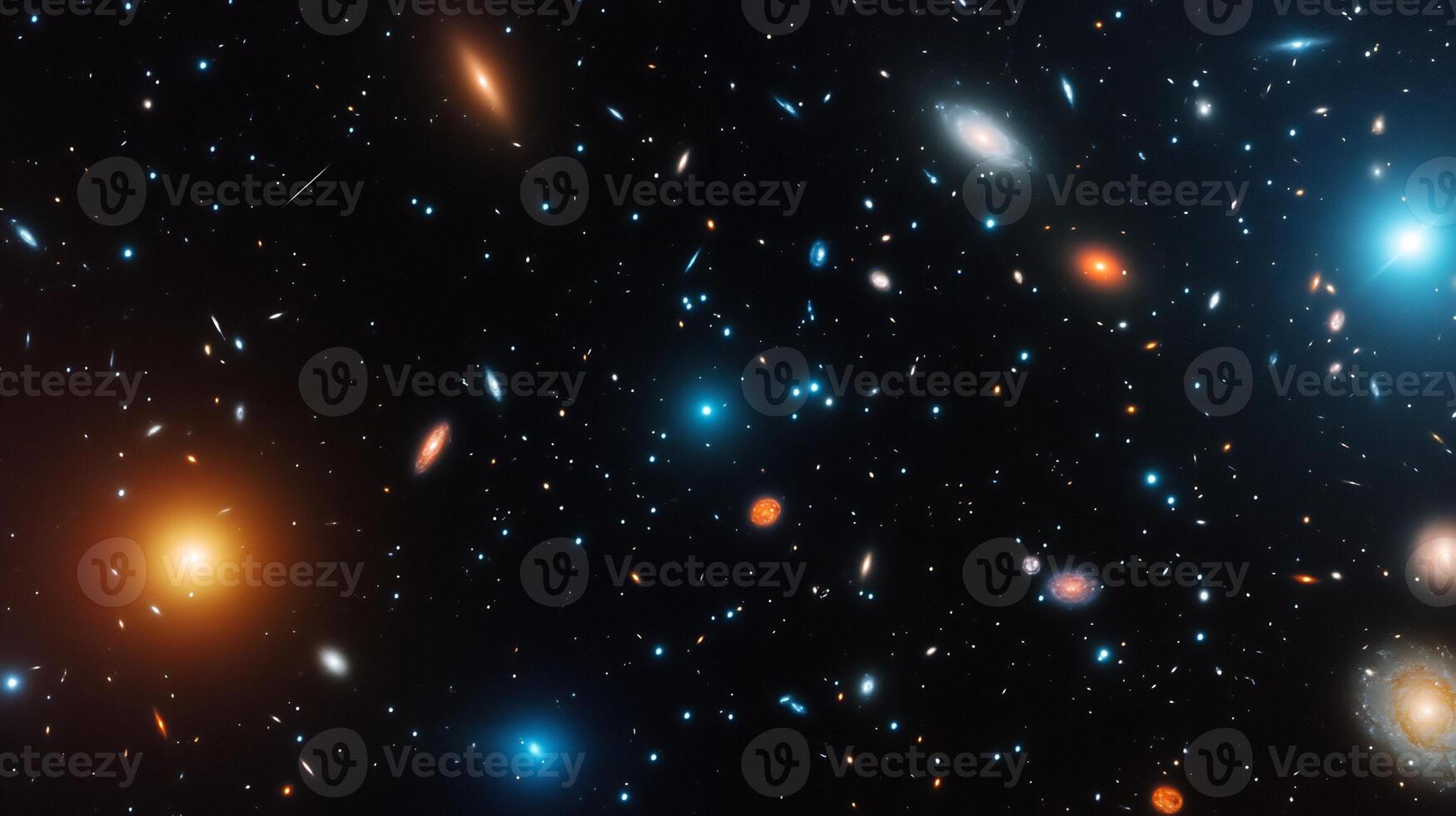 Deep space image showing numerous galaxies of varying sizes, colors, and shapes against a backdrop of stars. photo