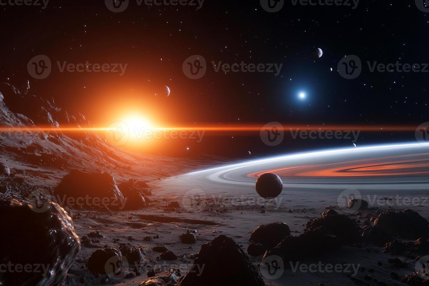 Alien planet sunrise with two suns and asteroid field. photo