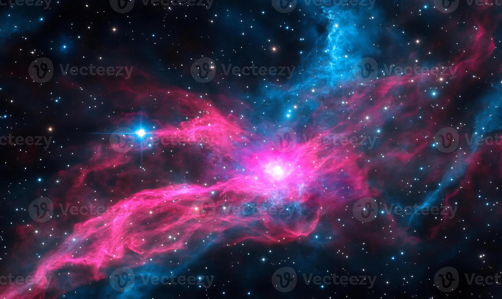 Cosmic Nebula Vibrant pink and blue gas clouds swirl around a bright star in a dark space filled with countless stars. photo