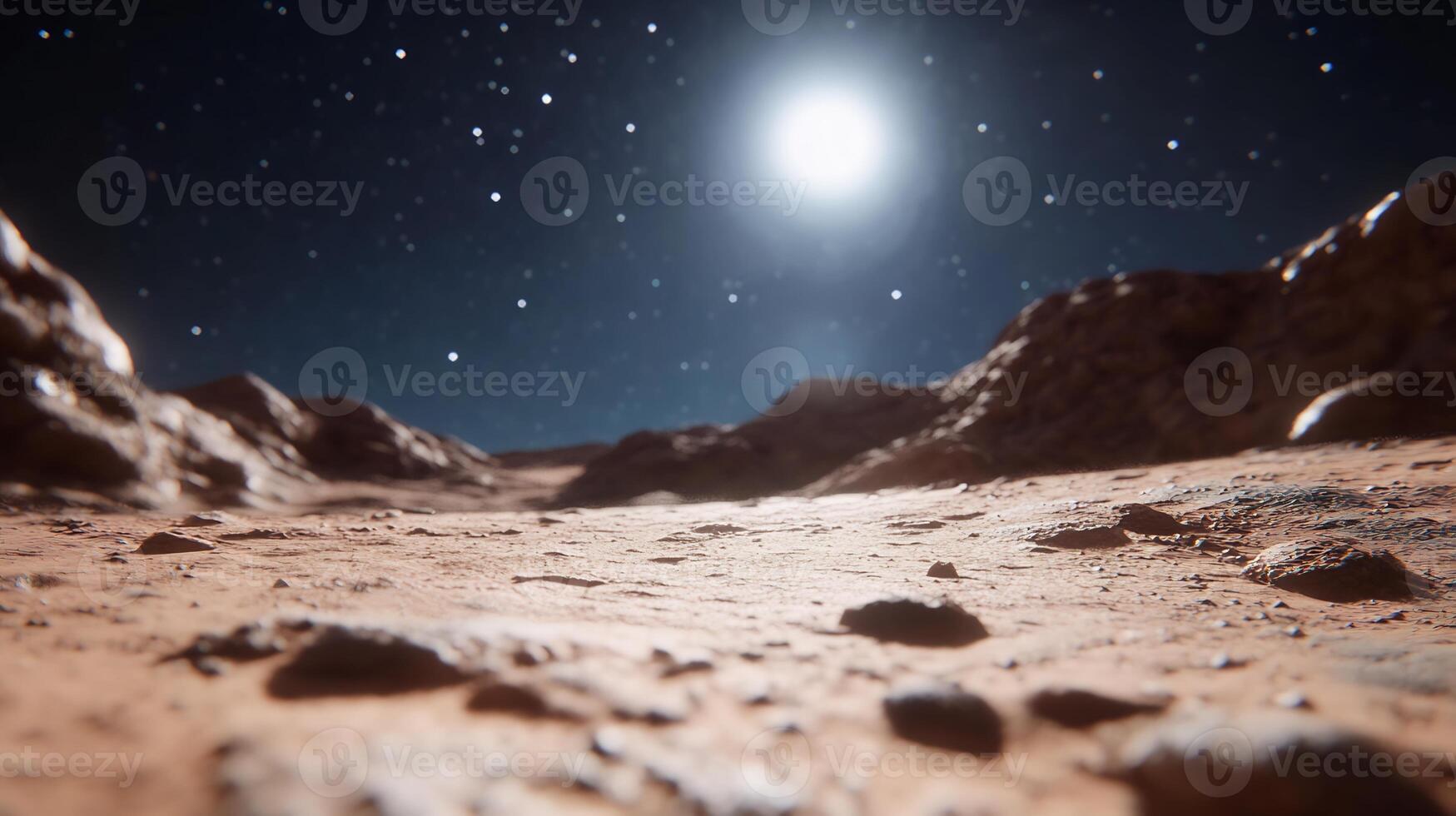Martian landscape at night, illuminated by a bright moon and stars. photo
