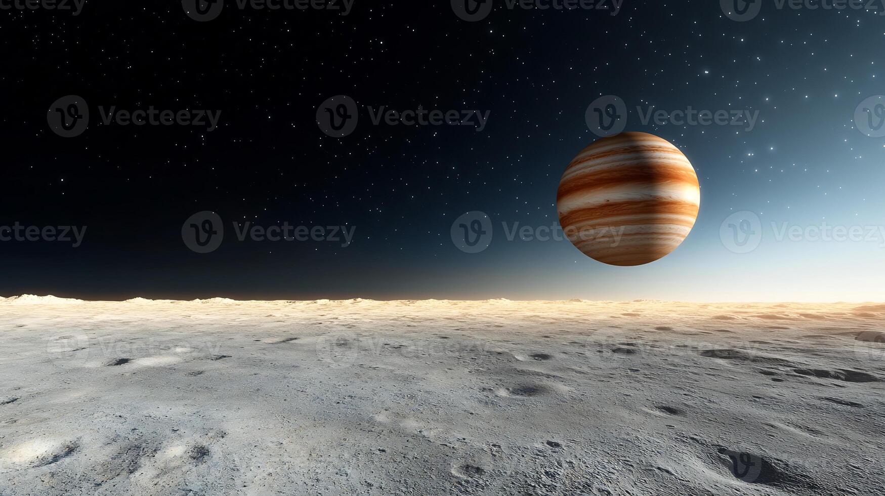 Jupiter rises over a desolate, cratered landscape. photo