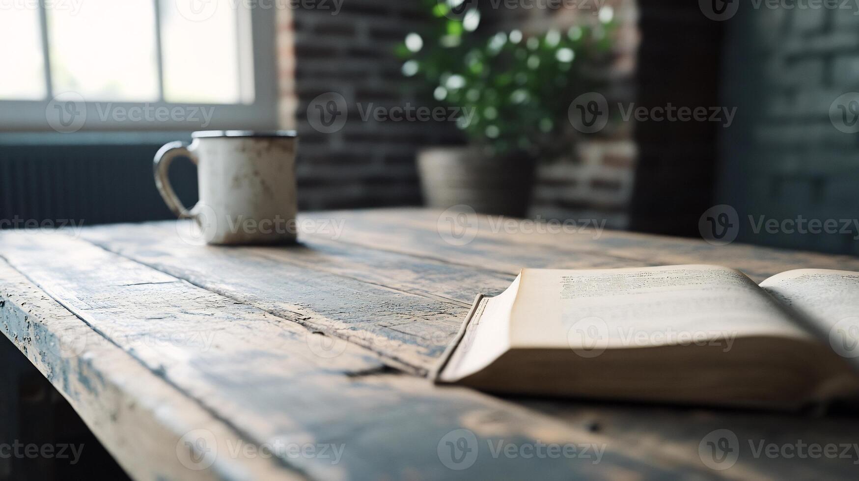 Open book and coffee mug on rustic wooden table near window. photo