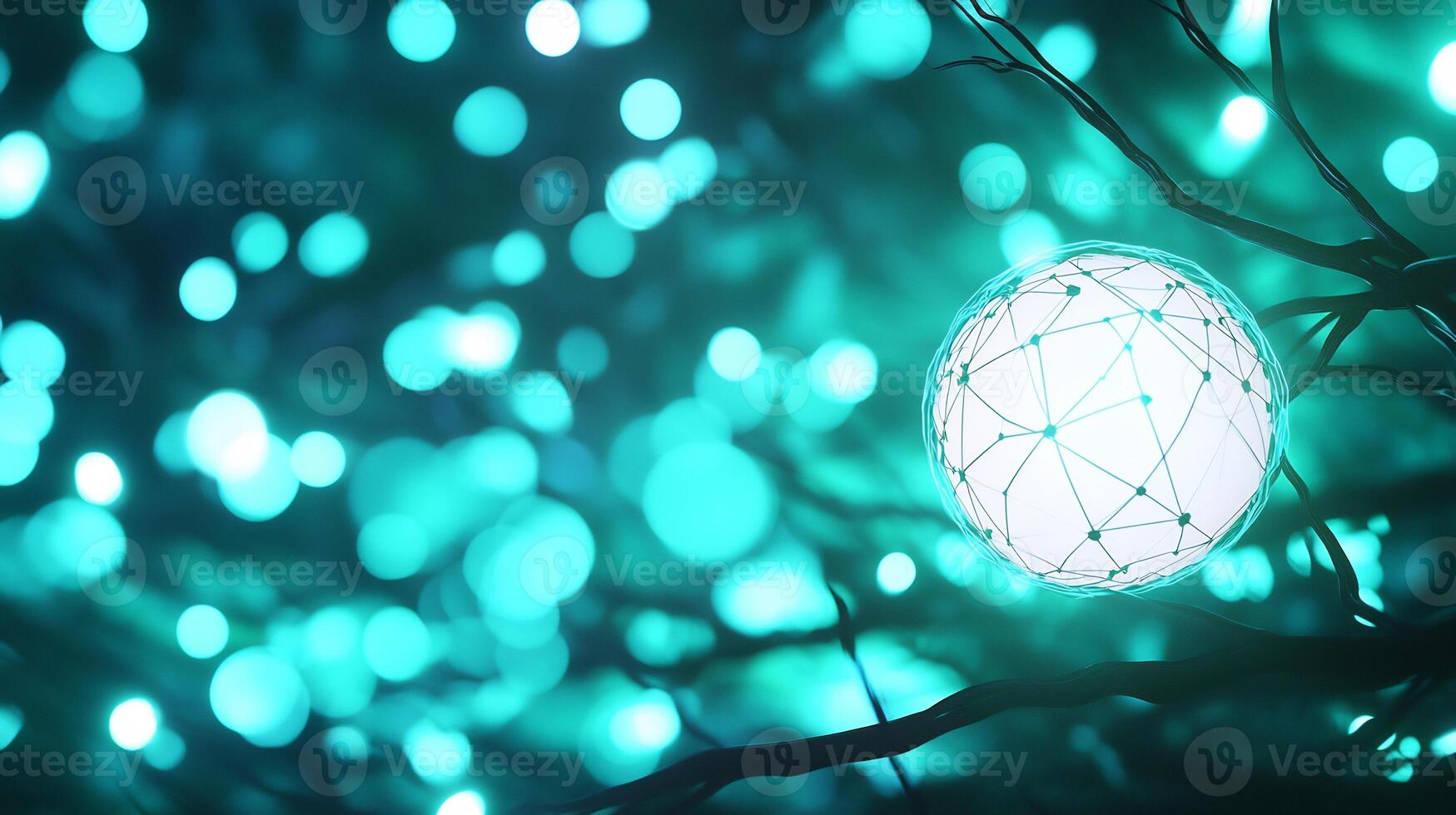 Glowing sphere with network connections hanging from dark branches in a teal bokeh background. photo