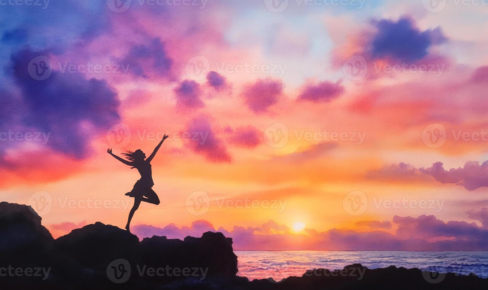 Woman joyfully leaping at sunset on rocks by ocean. photo