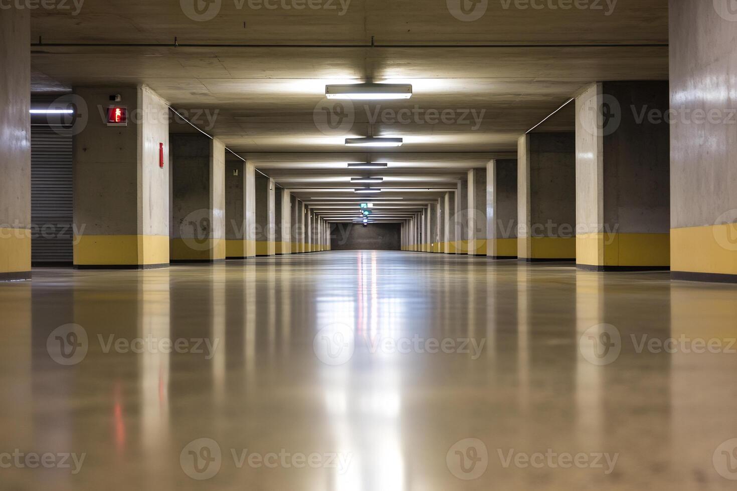Empty, modern underground parking garage with polished concrete floor and fluorescent lighting. photo