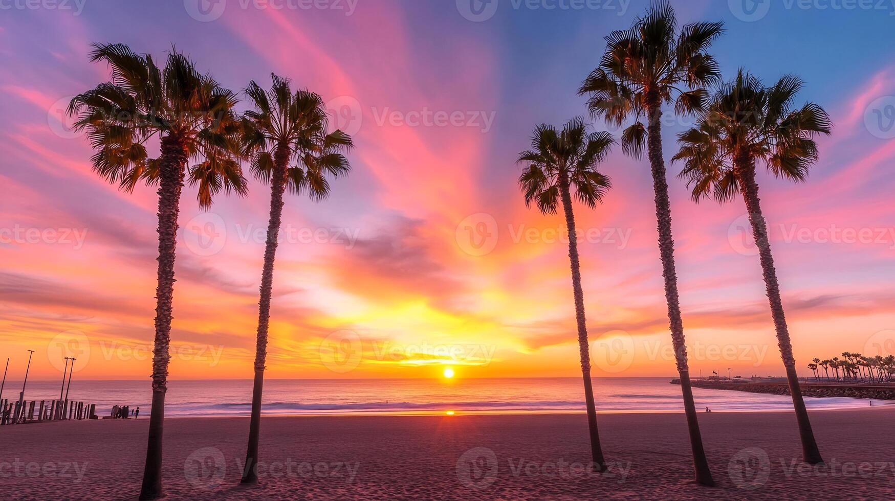 Vibrant sunset over ocean beach with palm trees. photo