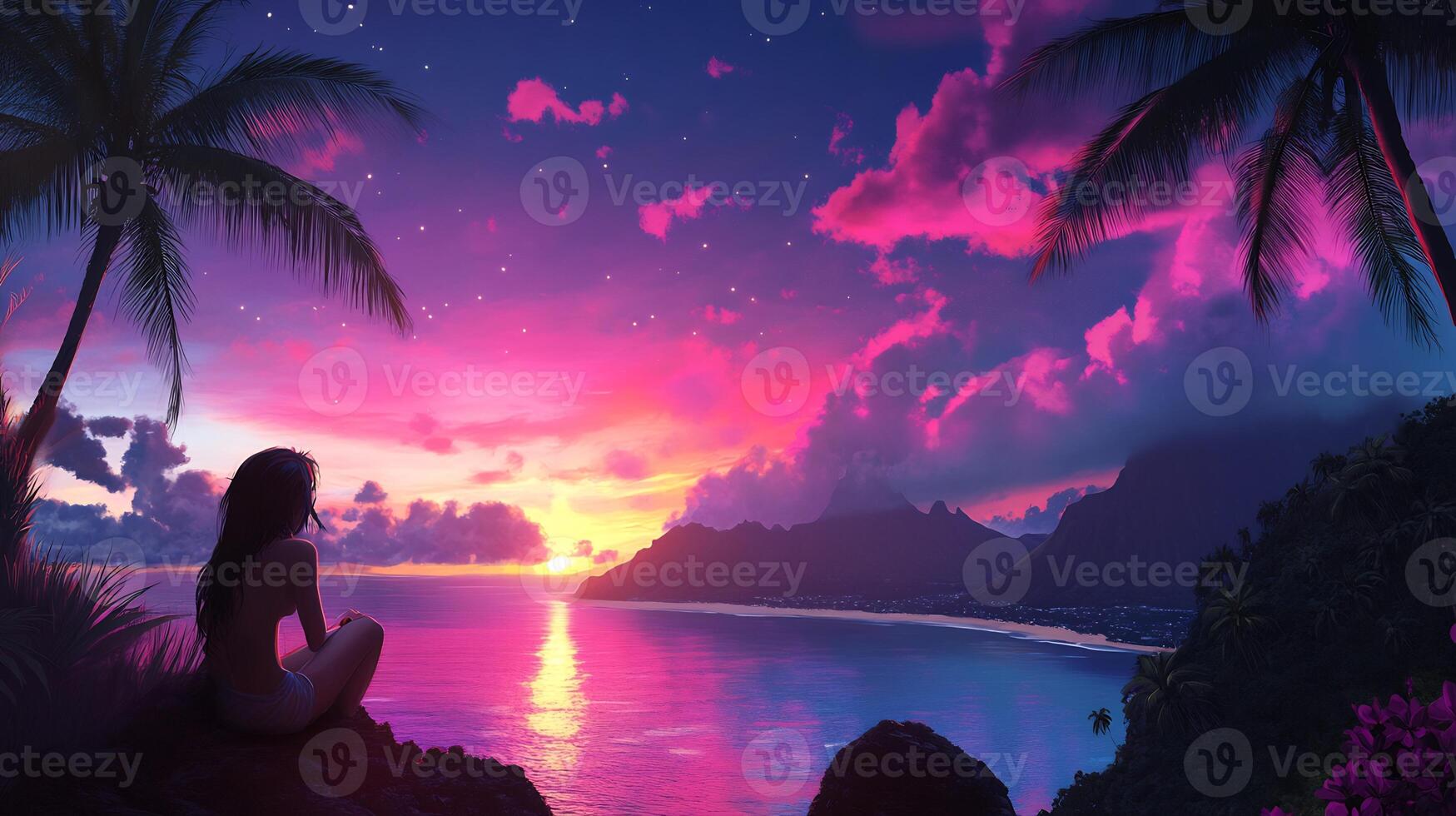 Woman meditating on a cliff overlooking a vibrant sunset over the ocean. Lush tropical vegetation surrounds her. Vivid colors and a mystical atmosphere. photo