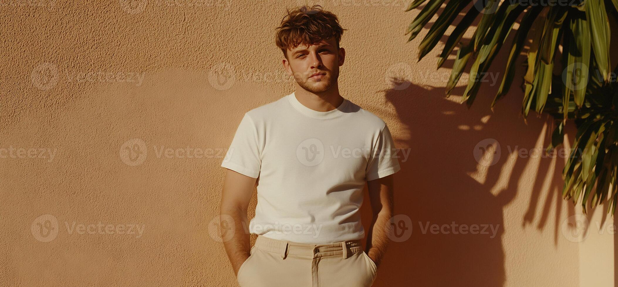A man in a white shirt and tan pants standing next to a palm tree photo