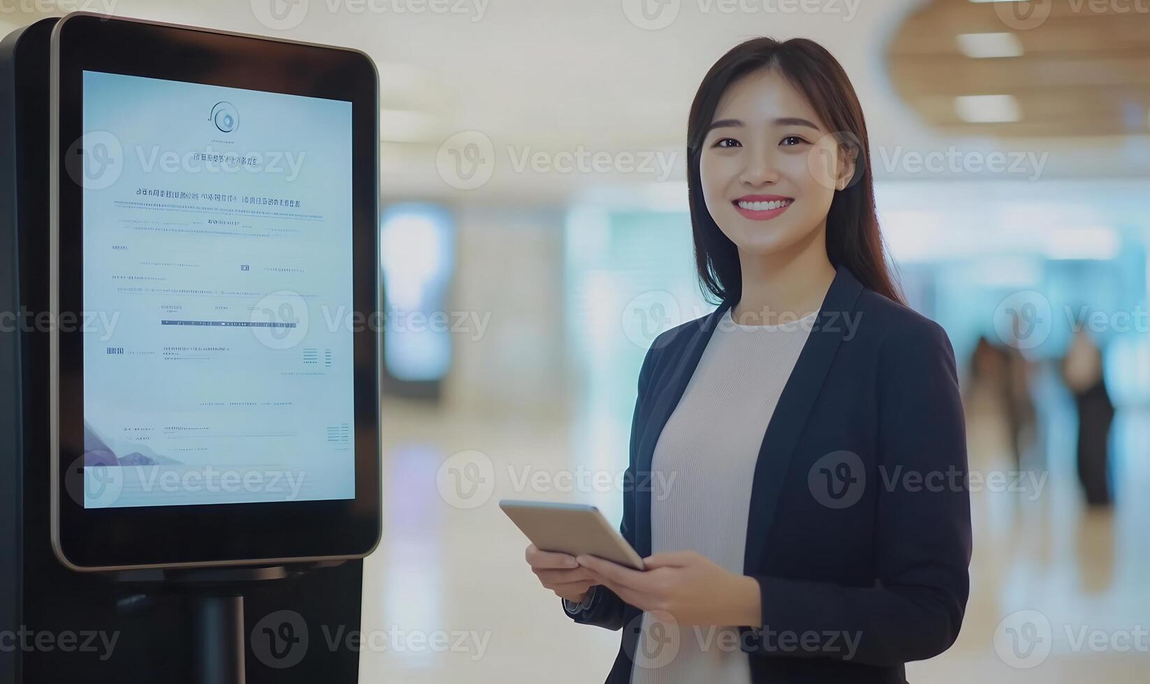 Smiling businesswoman using tablet near digital kiosk in modern building. photo