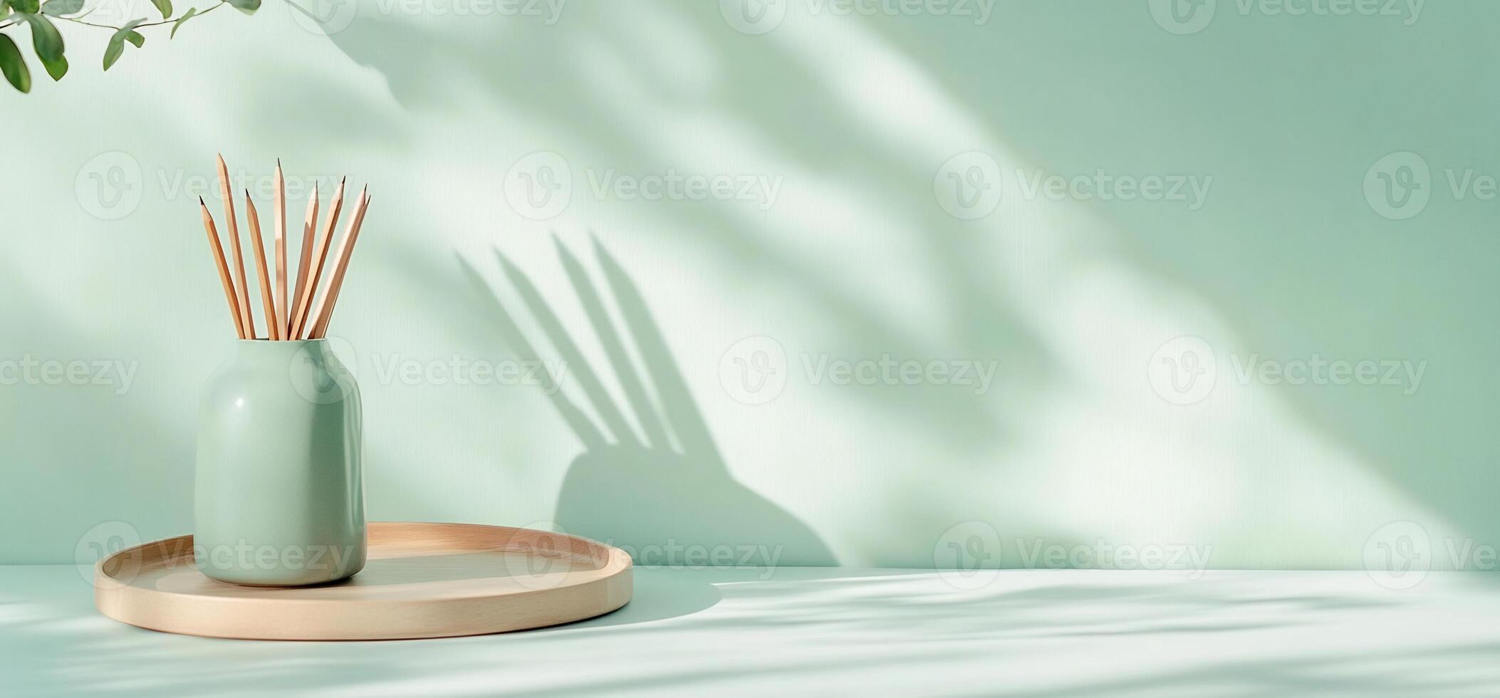 Light Green Aesthetic Display with Vase and Tray. photo