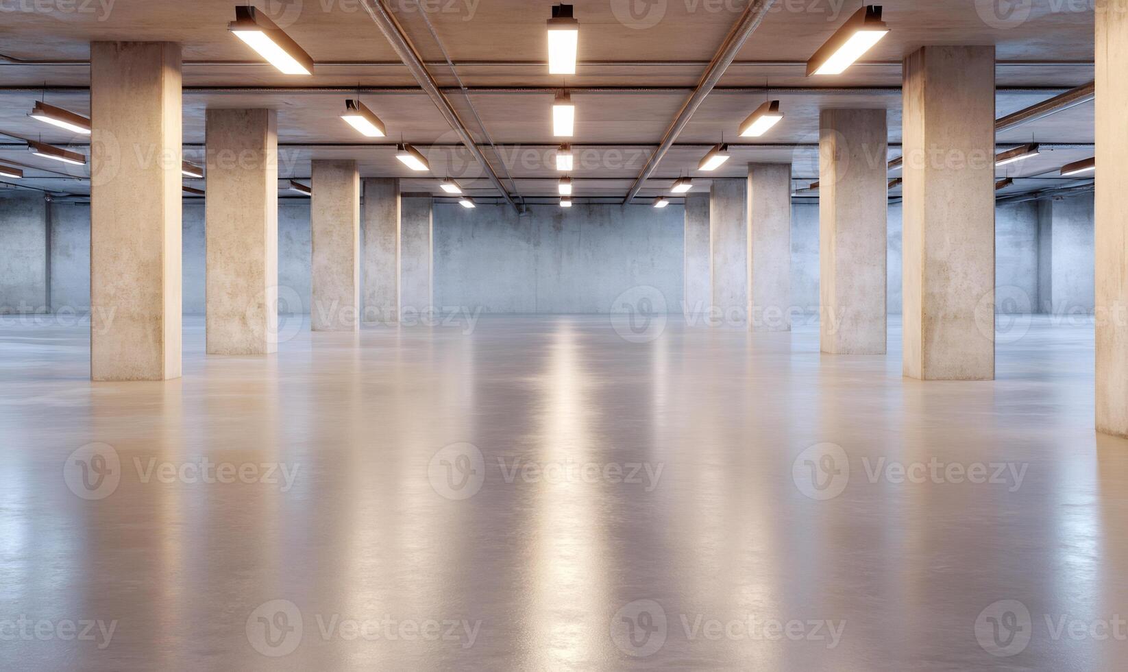 Empty modern concrete parking garage with bright lights and polished floor. photo
