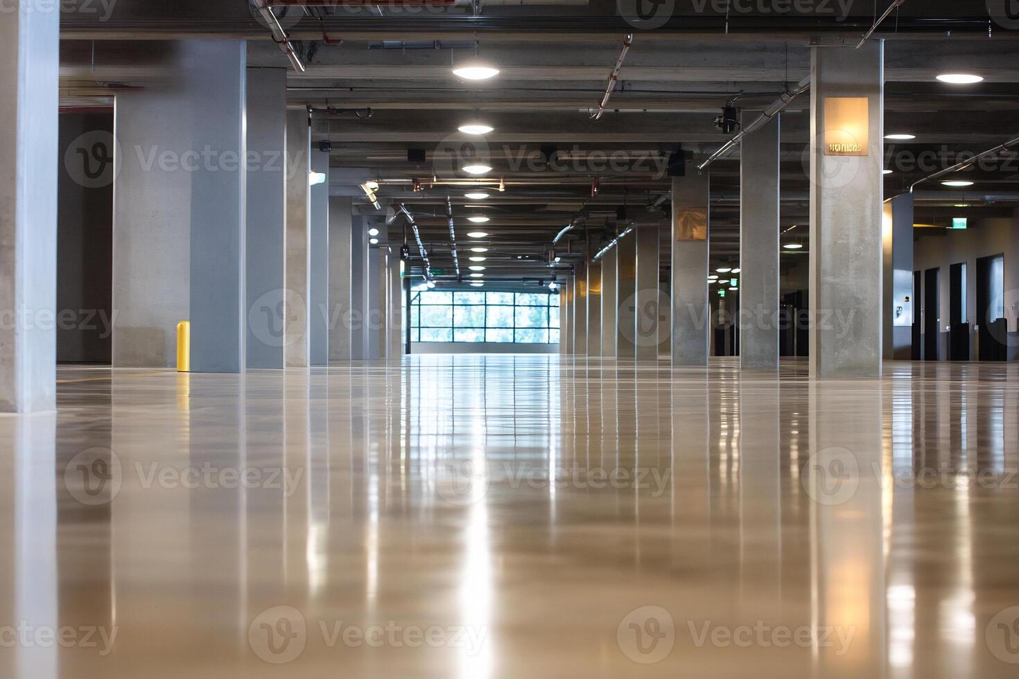 Empty modern underground parking garage with polished concrete floor and high ceilings. photo